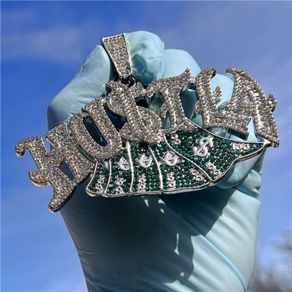 Hustla Hip Hop Pendant Hustle Hustler Silver Tone Iced Flooded Out Simulated CZ - Picture 4 of 9